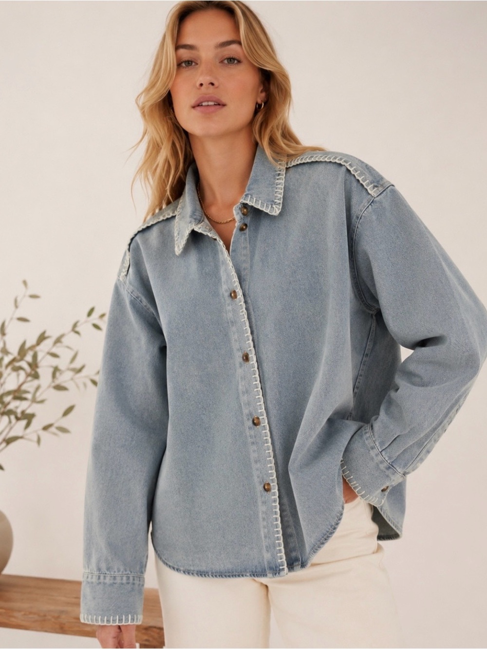 The Outskirts Light Wash Denim Contrast Whipstitch Oversized Shirt Jacket NWT